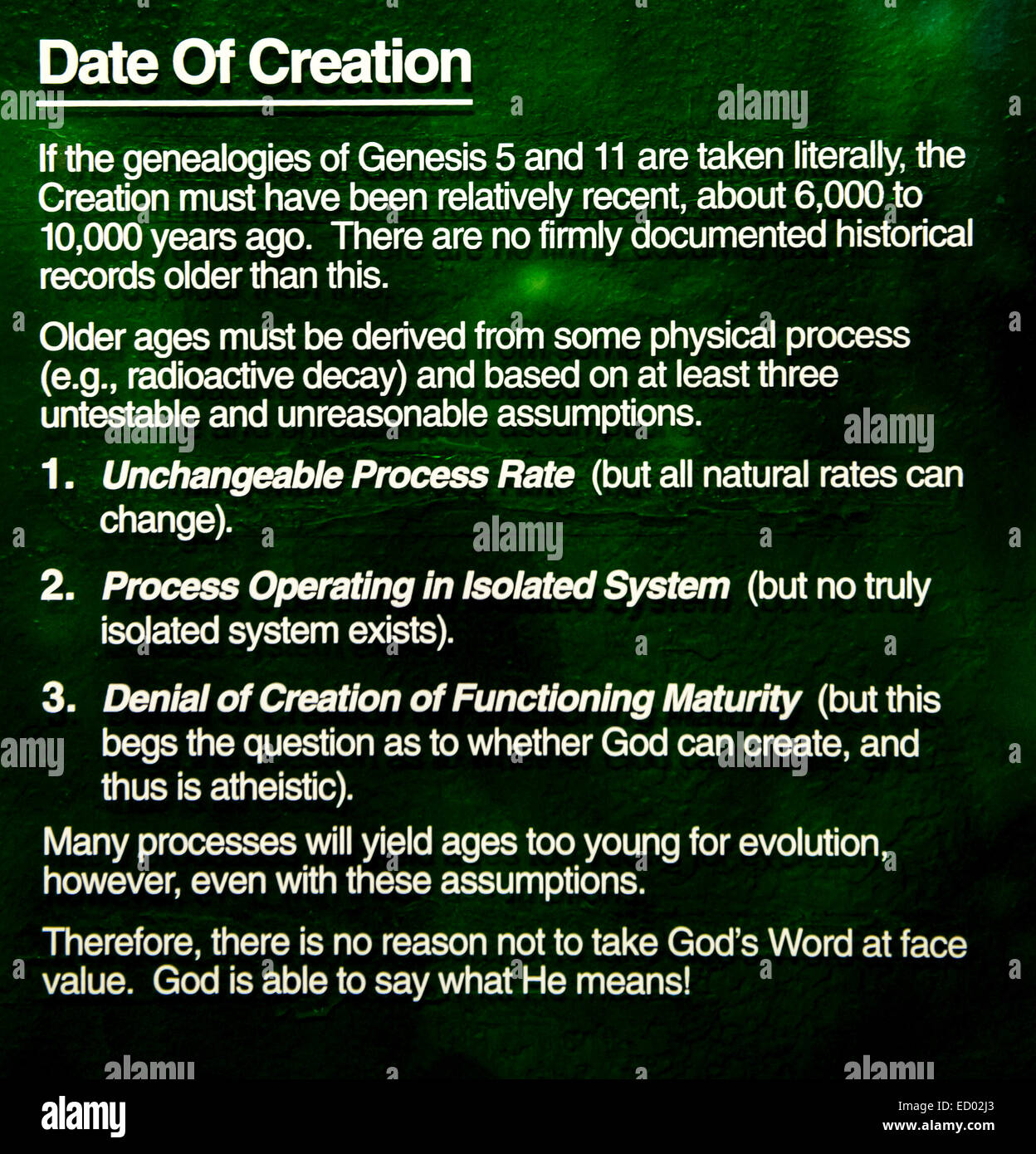 Santee, Kalifornien, USA. 22. Dezember 2014. Die Erstellung und Earth History Museum lehnt wissenschaftliche Beweise und verkündet, Kreationismus und Intelligent Design, die biblische Sicht, dass die Erde von Gott in sechs Tagen nicht mehr als 10.000 Jahren erschaffen wurde. © Brian Cahn/ZUMA Draht/Alamy Live-Nachrichten Stockfoto