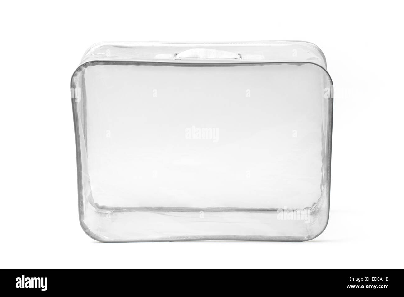 Leerer transparent Koffer isoliert auf weißem Hintergrund. Stockfoto