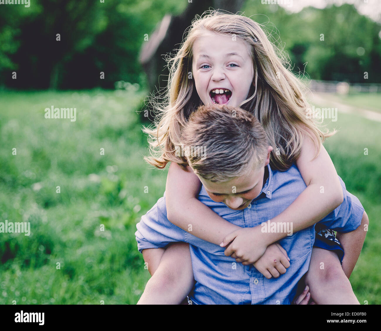 Geschwister (8-9, 10-11) vergnügen sich im Lande Stockfoto