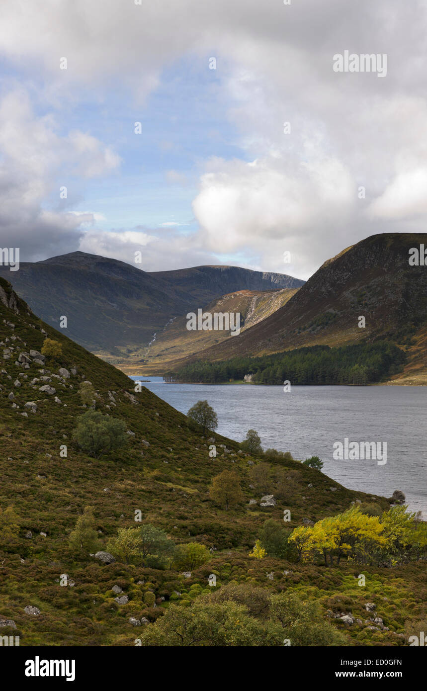 Mit Blick auf die nördlichen Ende des Loch Muick und die umliegenden Hügel und Berge, darunter breite Cairn und weißen Mounth Stockfoto