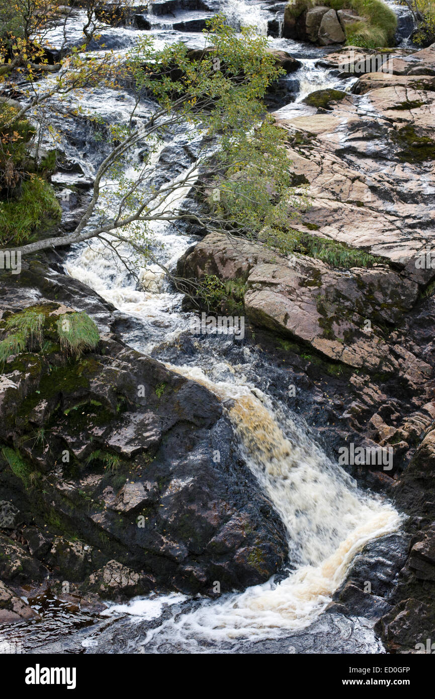 Voller Herbst Wasser Tumbler Black Burn fällt über Felsen auf dem Weg zum Loch Muick im Caitngorms Nationalpark Stockfoto