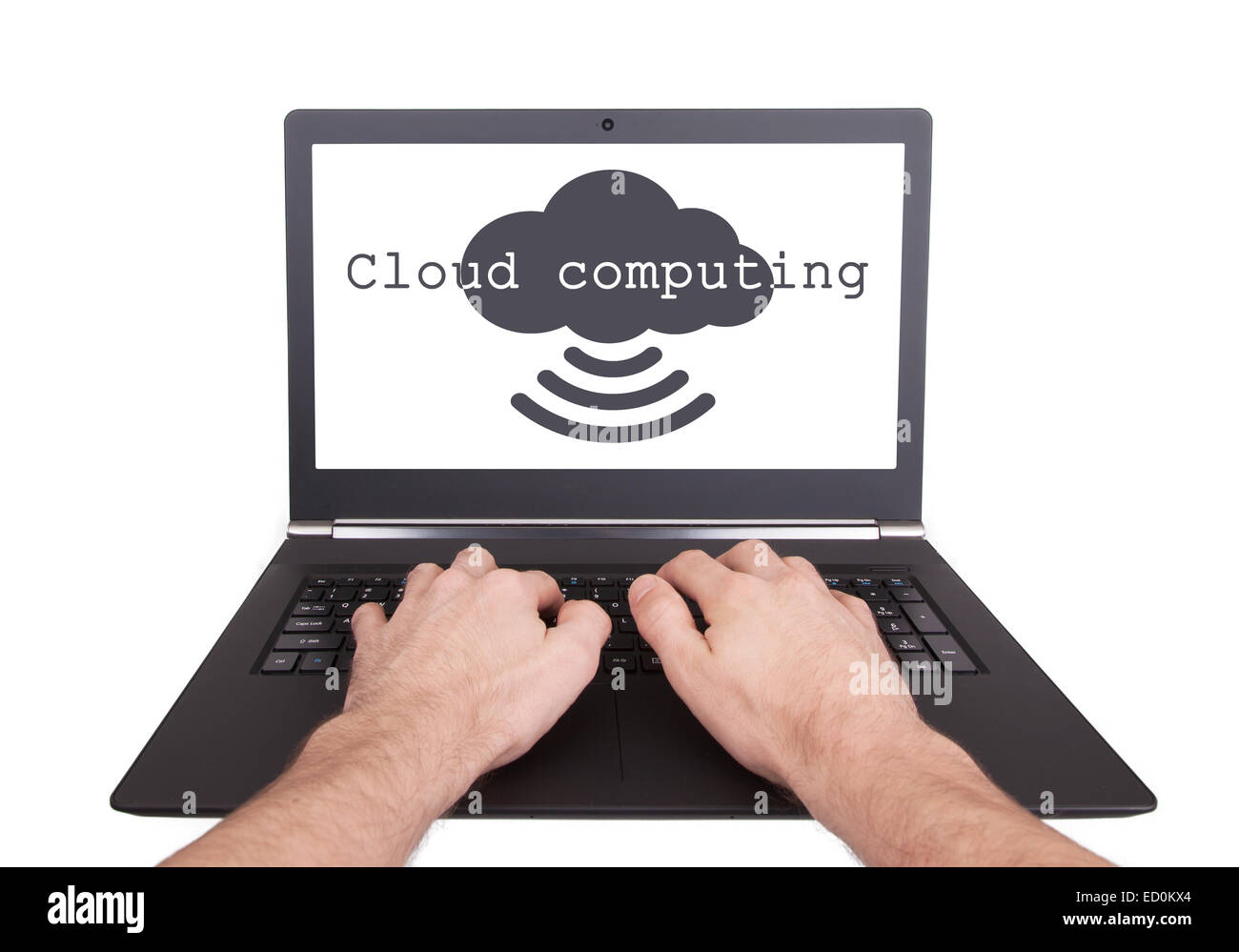 Mann arbeitet am Laptop, Cloud-computing, isoliert Stockfoto