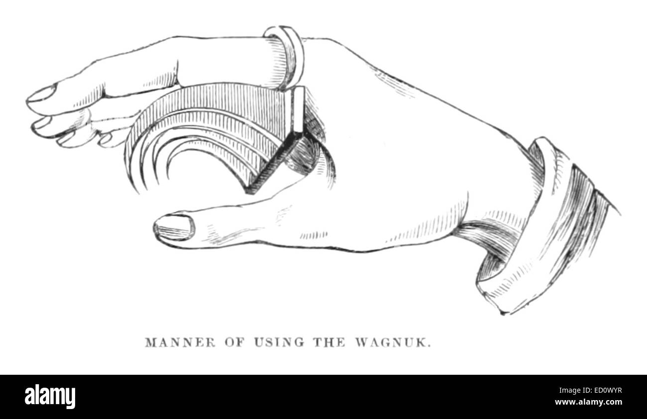 Diese 1852 von Gray gefertigte Illustration zeigt die Art und Weise, wie der Wagnuk, ein traditionelles Werkzeug oder Artefakt, verwendet wird und zeigt seine kulturelle und praktische Verwendung in historischen Kontexten. Stockfoto