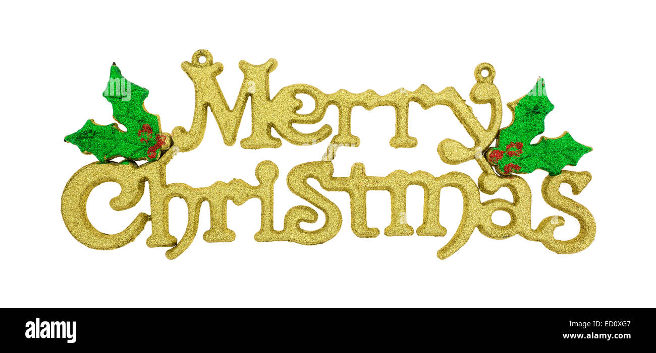 Ein glitzerndes gold Frohe Weihnachten Dekoration mit Grün und rot lackierten Mistel auf einem weißen Hintergrund. Stockfoto