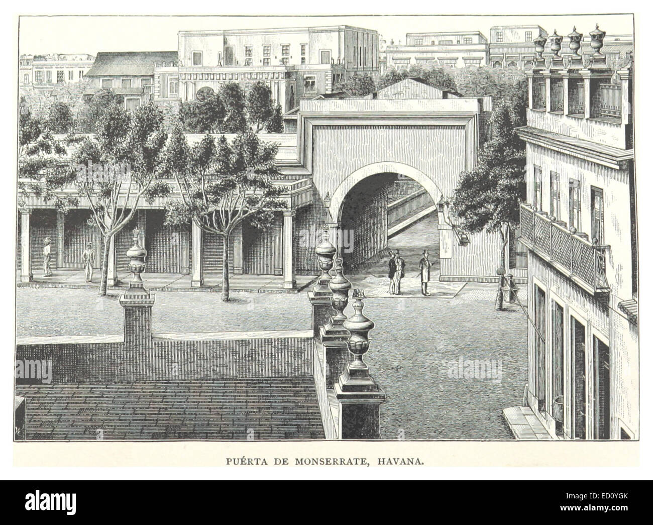 Diese historische Abbildung zeigt die Puerta de Monserate in Havanna, Kuba. Der Eingang ist ein wichtiges kulturelles und architektonisches Merkmal der Stadt, bekannt für ihre historische Bedeutung. Stockfoto