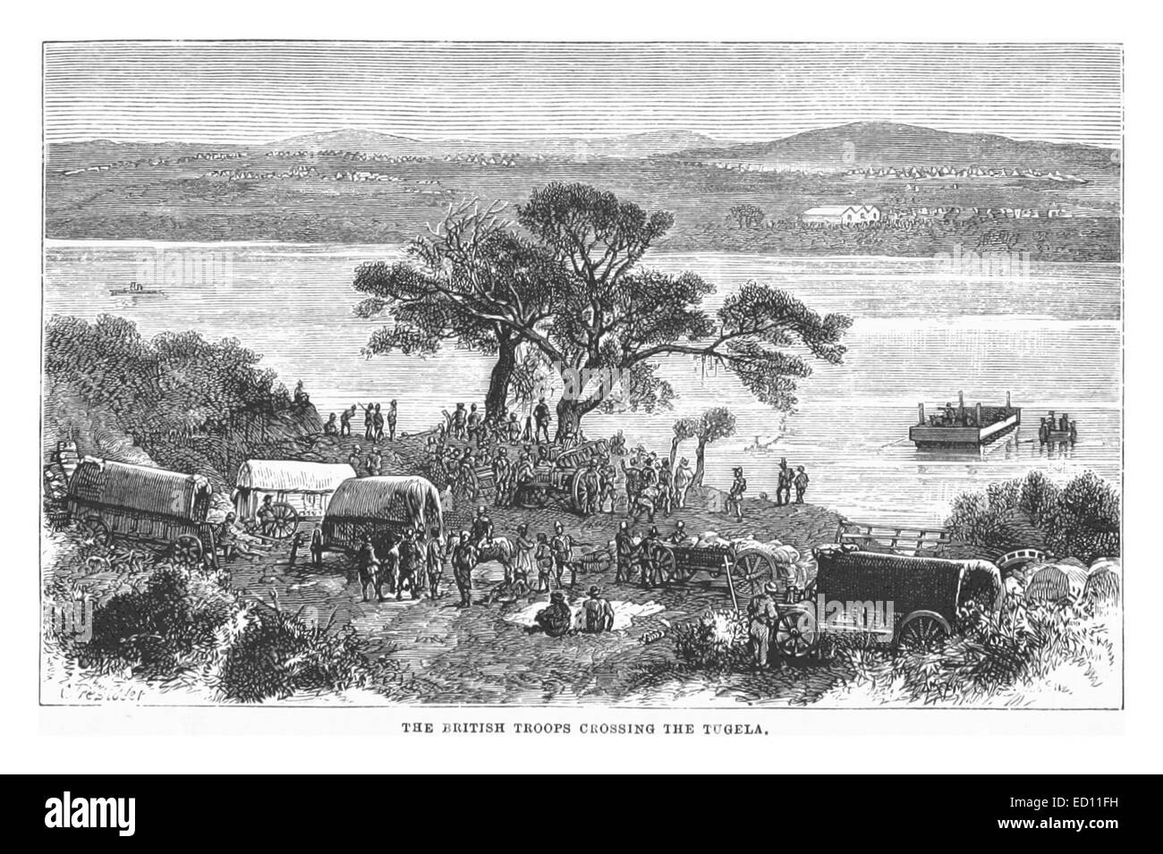 Diese Illustration von Holden aus dem Jahr 1879 zeigt die britischen Truppen, die den Fluss Tugela überqueren, einen wichtigen Moment in der Militärgeschichte des Anglo-Zulu-Krieges. Die Szene zeigt die Herausforderungen, denen sich dieser Konflikt gegenübersah. Stockfoto