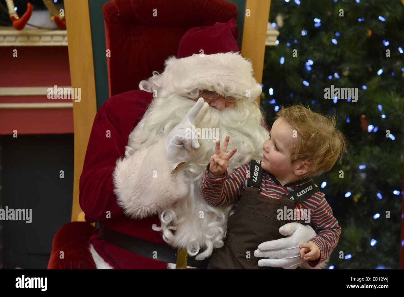 Ein kleiner Junge (2 1/2 Jahre) saß auf Father Christmas Knie zeigen drei Finger (zu Unrecht) sagen, dass er drei Jahre alt ist Stockfoto