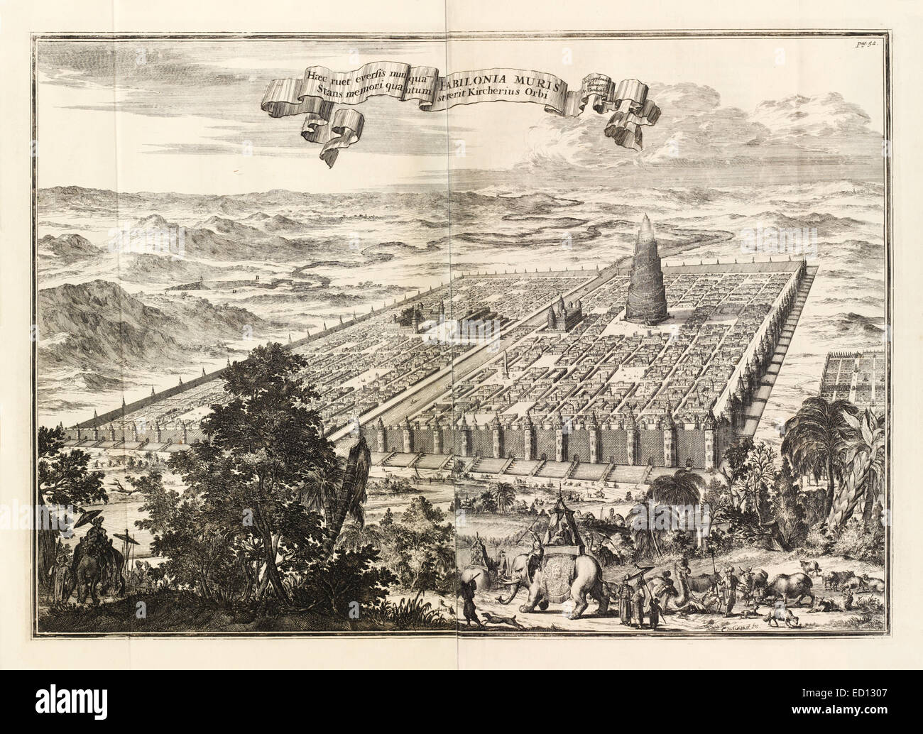 17. Jahrhundert Abbildung von Babylonien zeigen die hängenden Gärten (Mitte links) und der Turm von Babel. Siehe Beschreibung für mehr Informationen. Stockfoto