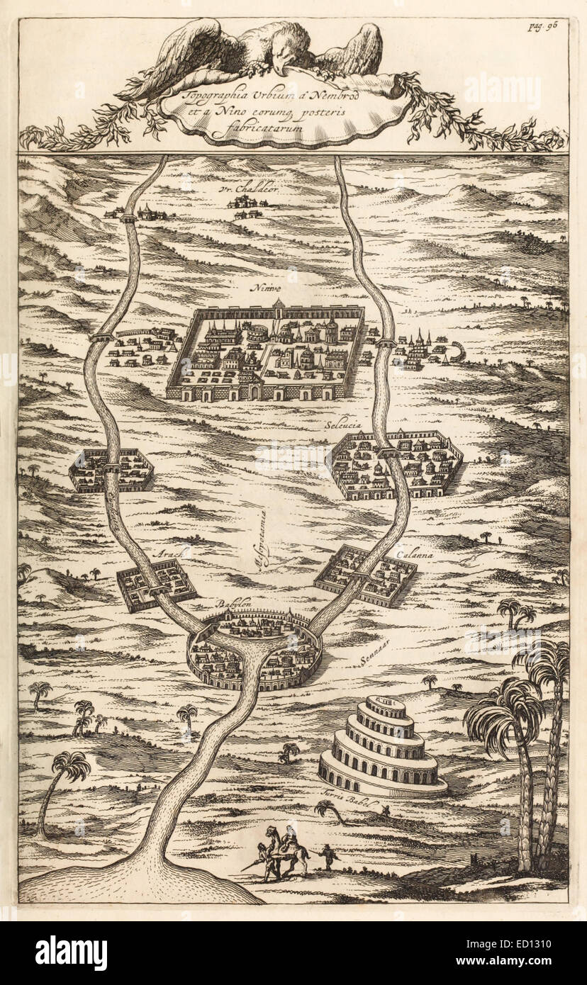Karte des "Land des Nimrod" (Assyrien oder Mesopotamien) mit Turm von Babel, 17. Jahrhundert Abbildung des Landes Nimrod. Siehe Beschreibung für mehr Informationen. Stockfoto