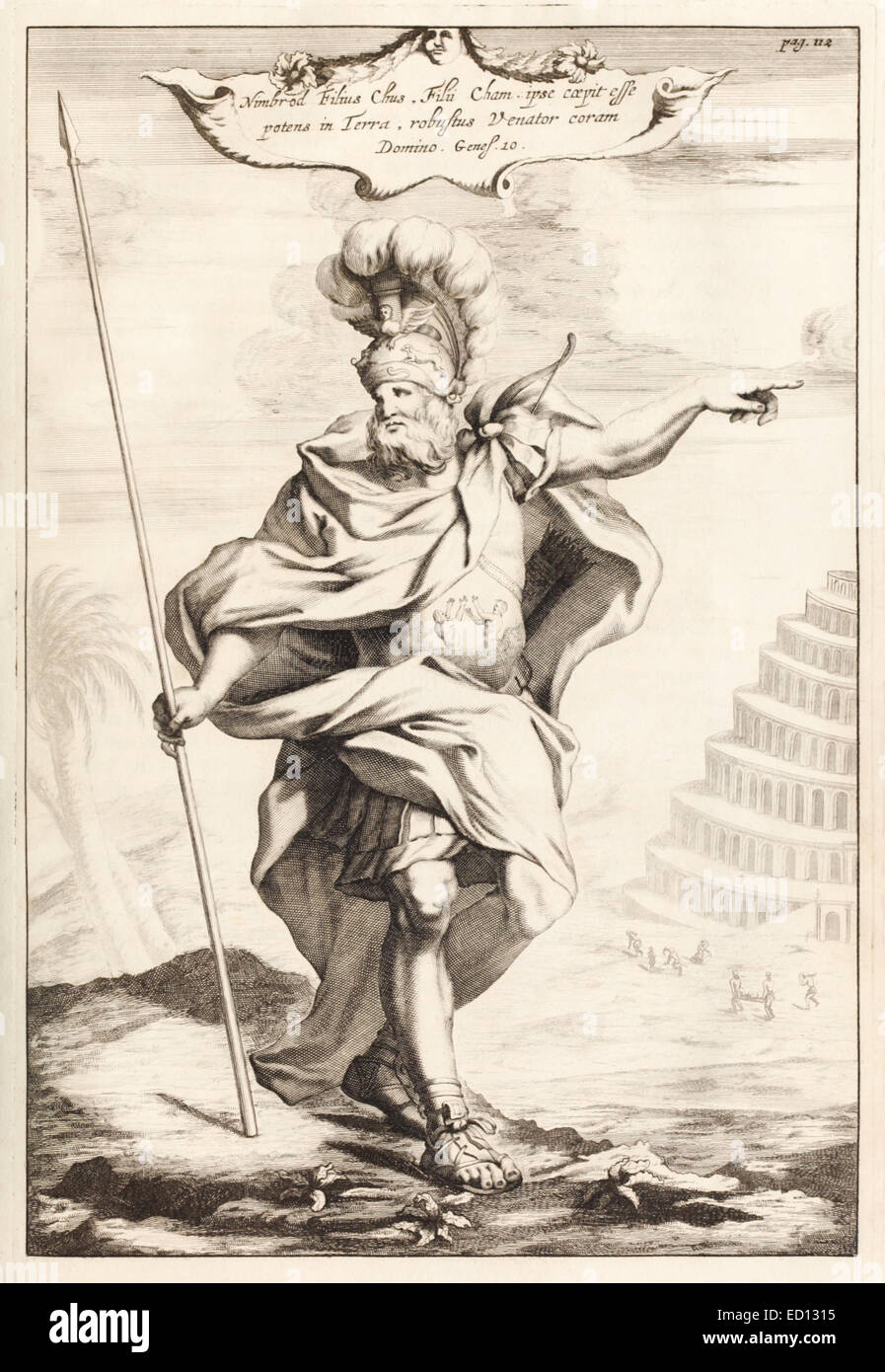 Nimrod, König von Schinar, 17. Jahrhundert Abbildung (Hinweis: der Turmbau zu Babel im Hintergrund). Siehe Beschreibung für mehr Informationen. Stockfoto