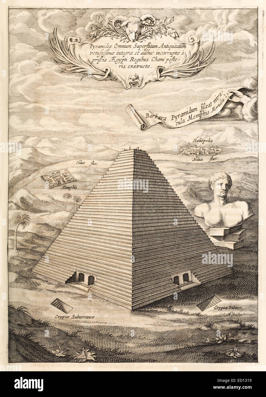 Pyramiden von Gizeh, eines der sieben Weltwunder der Antike, 17. Jahrhundert Abbildung. Siehe Beschreibung für mehr Informationen. Stockfoto