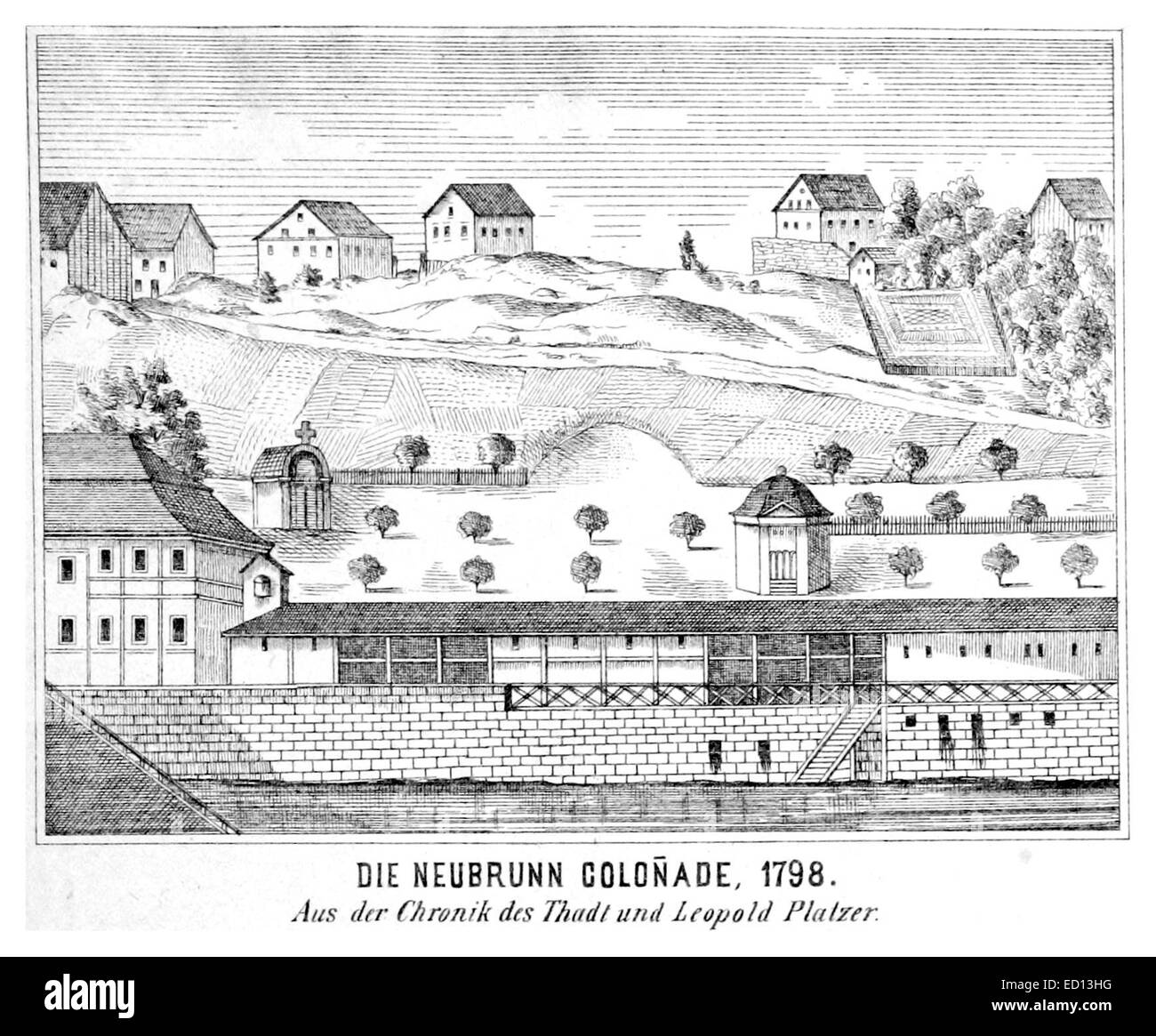 Diese Illustration aus dem Jahr 1883 zeigt die Neubrunner Kolonnade, ein architektonisches Merkmal aus dem Jahr 1798 in Österreich. Es ist ein bedeutendes Beispiel für den klassischen Architekturstil dieser Zeit und stellt das kulturelle Erbe der Region dar. Stockfoto