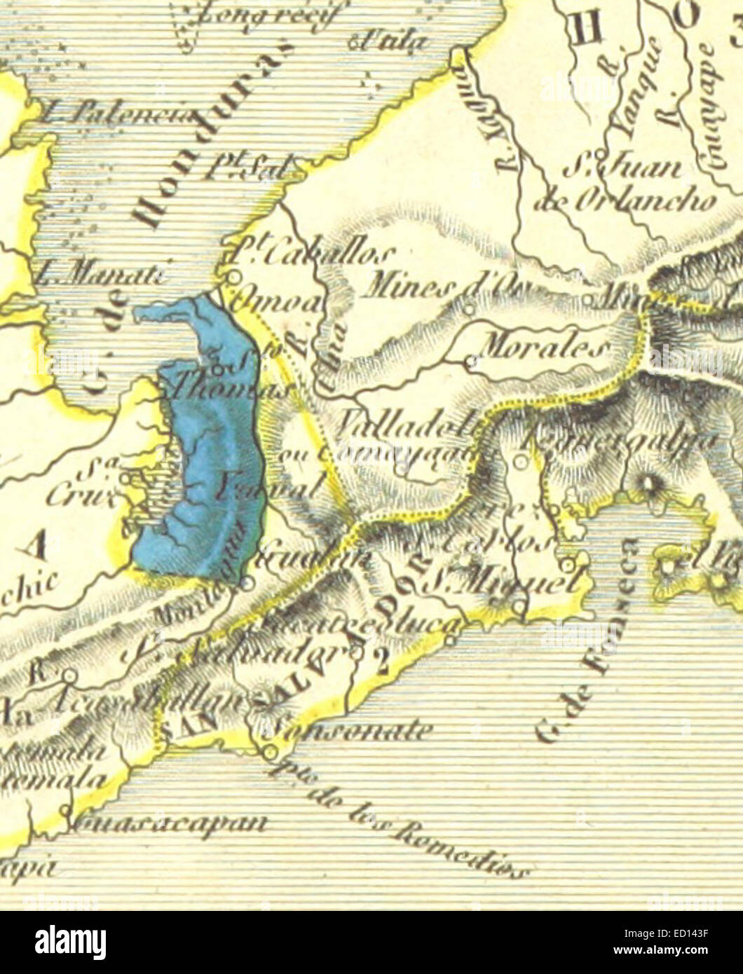 Diese Darstellung der belgischen Kolonie in Honduras, insbesondere des Santo Tomás de Castilla, bietet einen Einblick in die Kolonialzeit in Mittelamerika. Die Abbildung zeigt die Siedlung und ihre Bedeutung für die Entwicklung der Region. Stockfoto