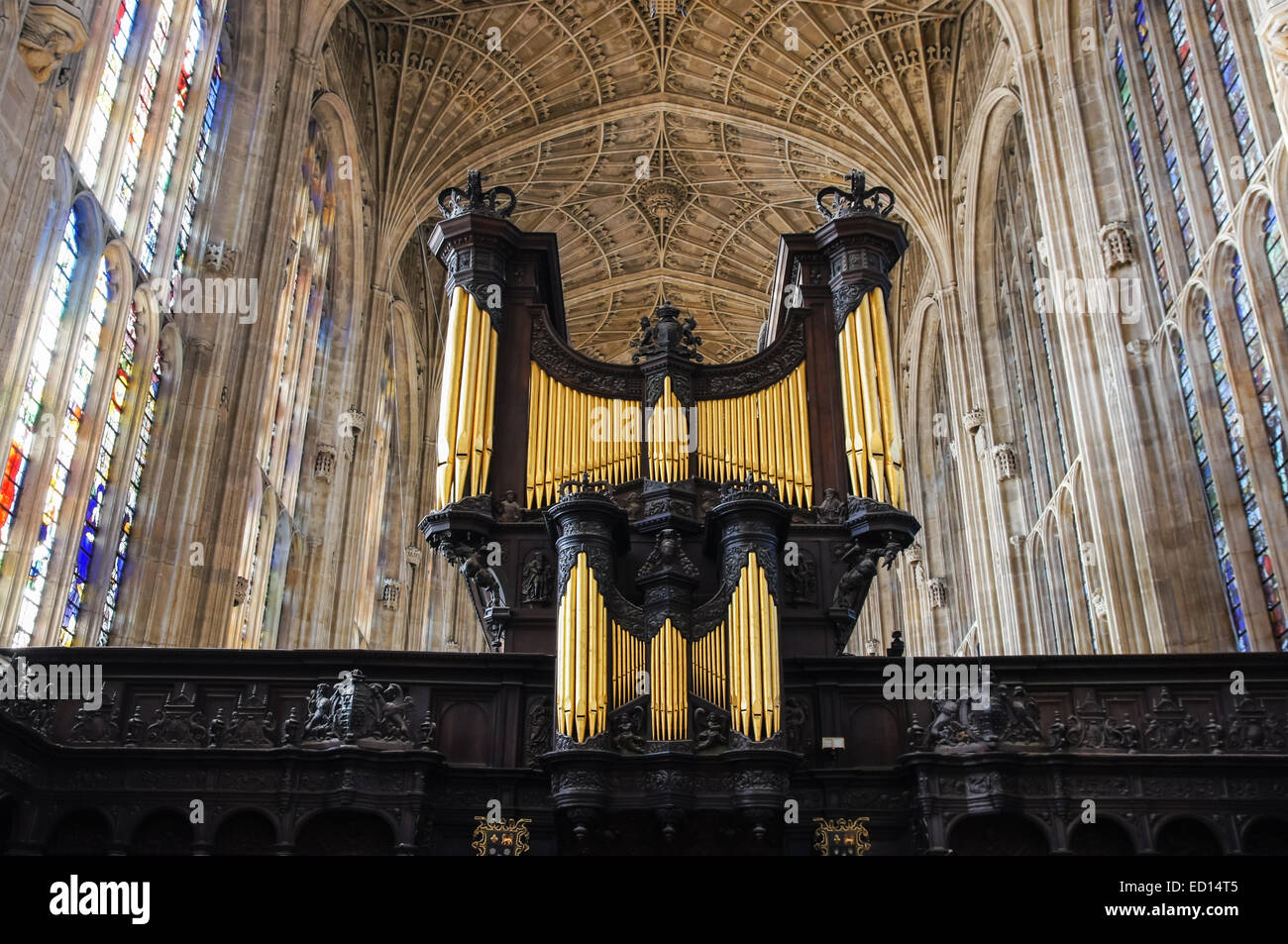 Pipe Organ und Innenraum des Königs College Chapel, Cambridge Cambridgeshire England Vereinigtes Königreich Großbritannien Stockfoto