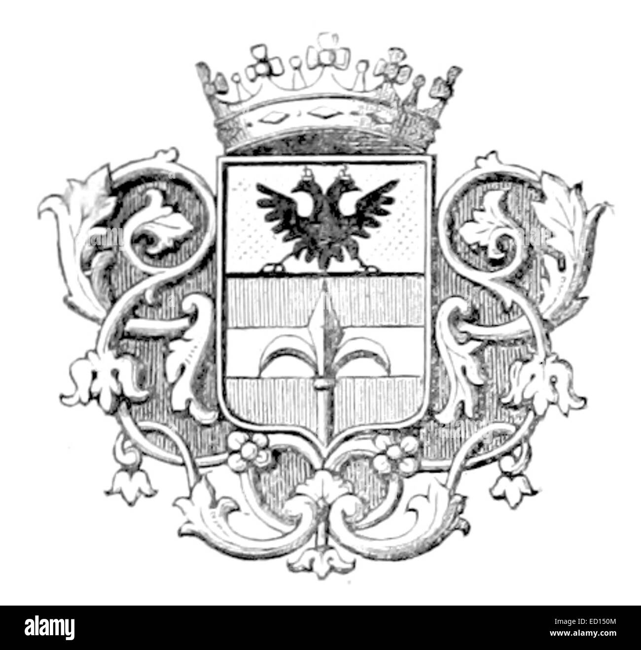 Diese Illustration von Loe aus dem Jahr 1857 zeigt das Wappen von Triest, einer wichtigen Hafenstadt in Italien, und hebt seine historische Bedeutung und heraldische Symbole hervor. Stockfoto