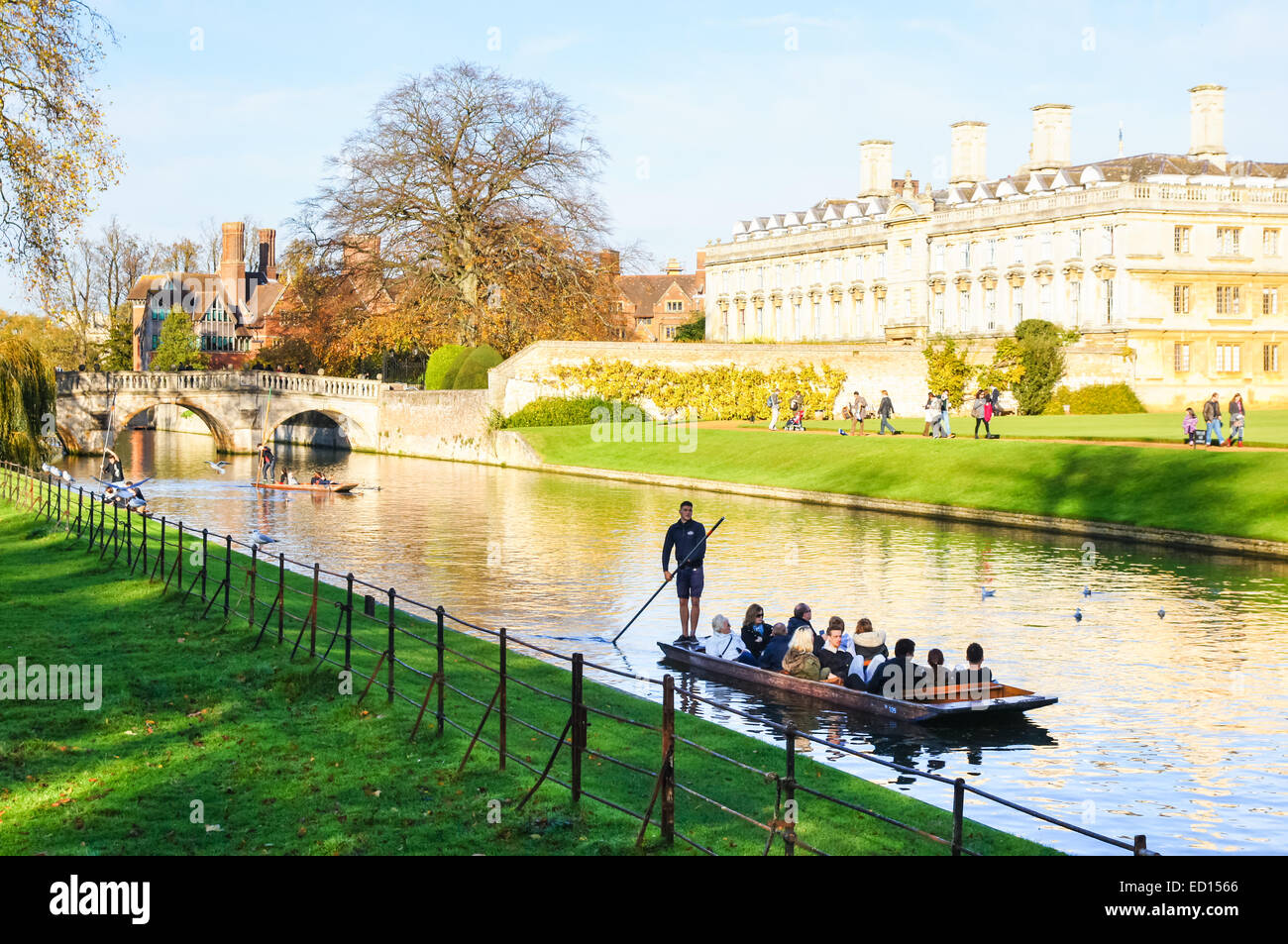 Punting im Herbst auf dem Fluss Cam mit Clare College auf der rechten Seite, Cambridge Cambridgeshire England Großbritannien Stockfoto