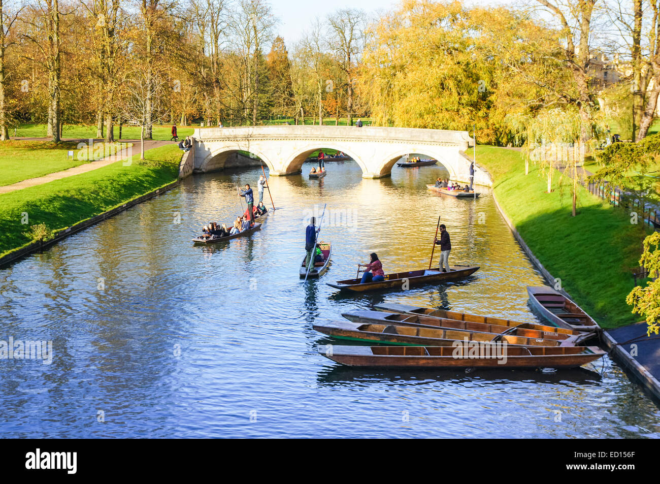 Bootfahren im Herbst auf dem Fluss Cam, Cambridge Cambridgeshire England Vereinigtes Königreich Großbritannien Stockfoto