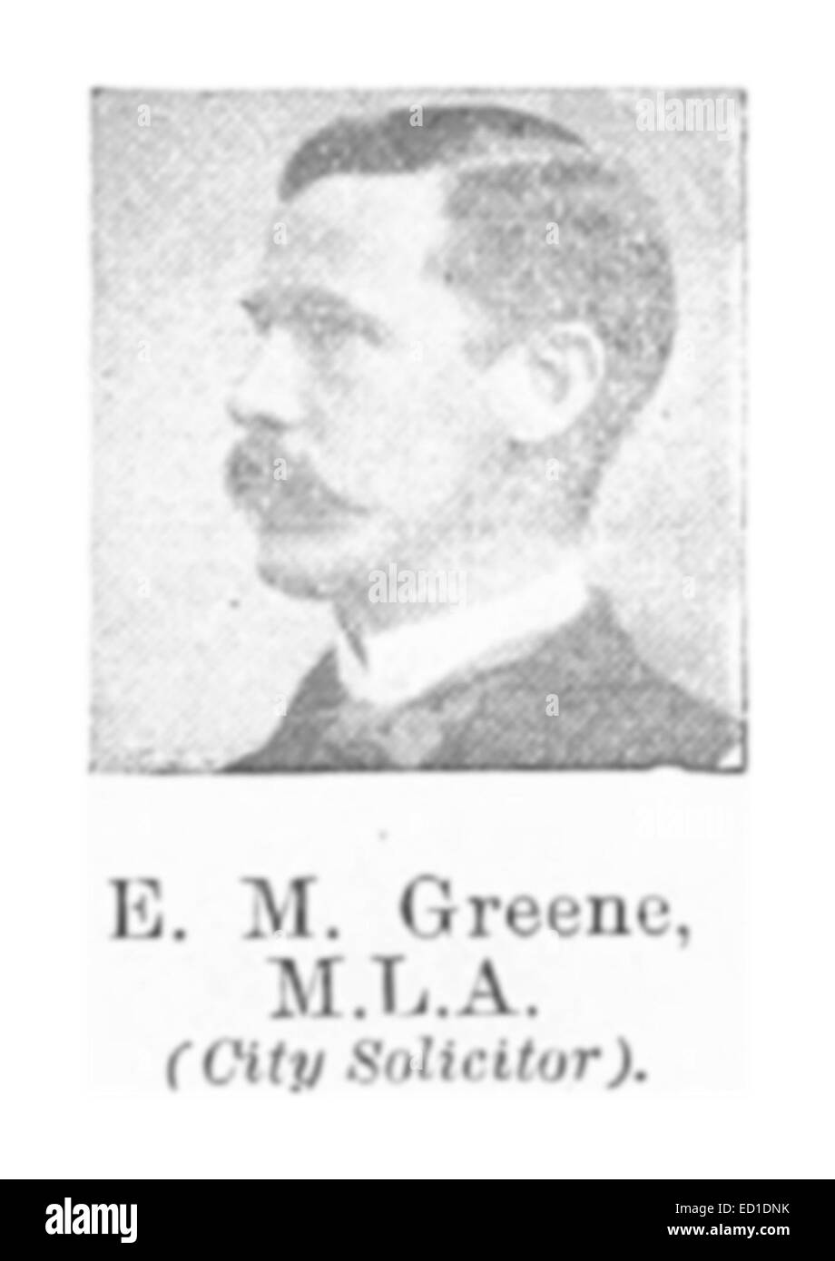 Eine Illustration von E.M. Greene, City Solicitor aus dem Jahr 1898, die ein professionelles Porträt oder Bild dieser juristischen Person aus dem späten 19. Jahrhundert zeigt. Die Darstellung gibt Einblicke in die Rolle der Stadtanwälte in dieser Zeit. Stockfoto