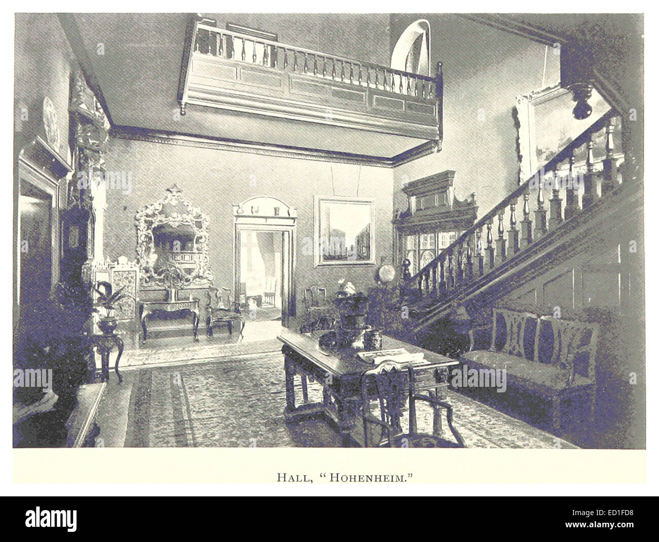 Diese 1899 entstandene Illustration zeigt den Saal von Hohenheim, ein historisches Gebäude in Deutschland, das für seine pädagogische und landwirtschaftliche Bedeutung im späten 19. Jahrhundert bekannt ist. Stockfoto