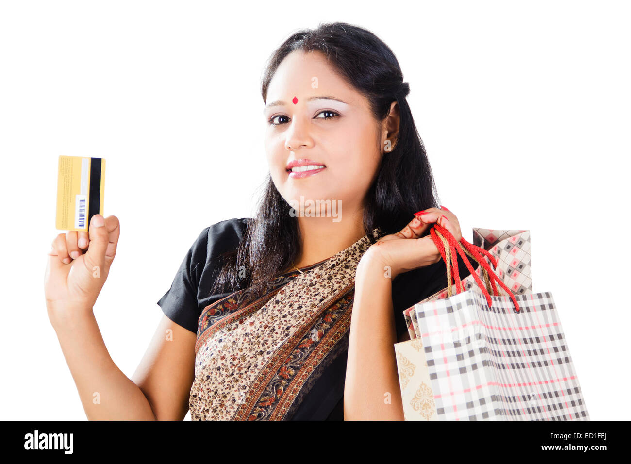 indische Hausfrau Dame Kreditkarte Online-Shopping Stockfoto