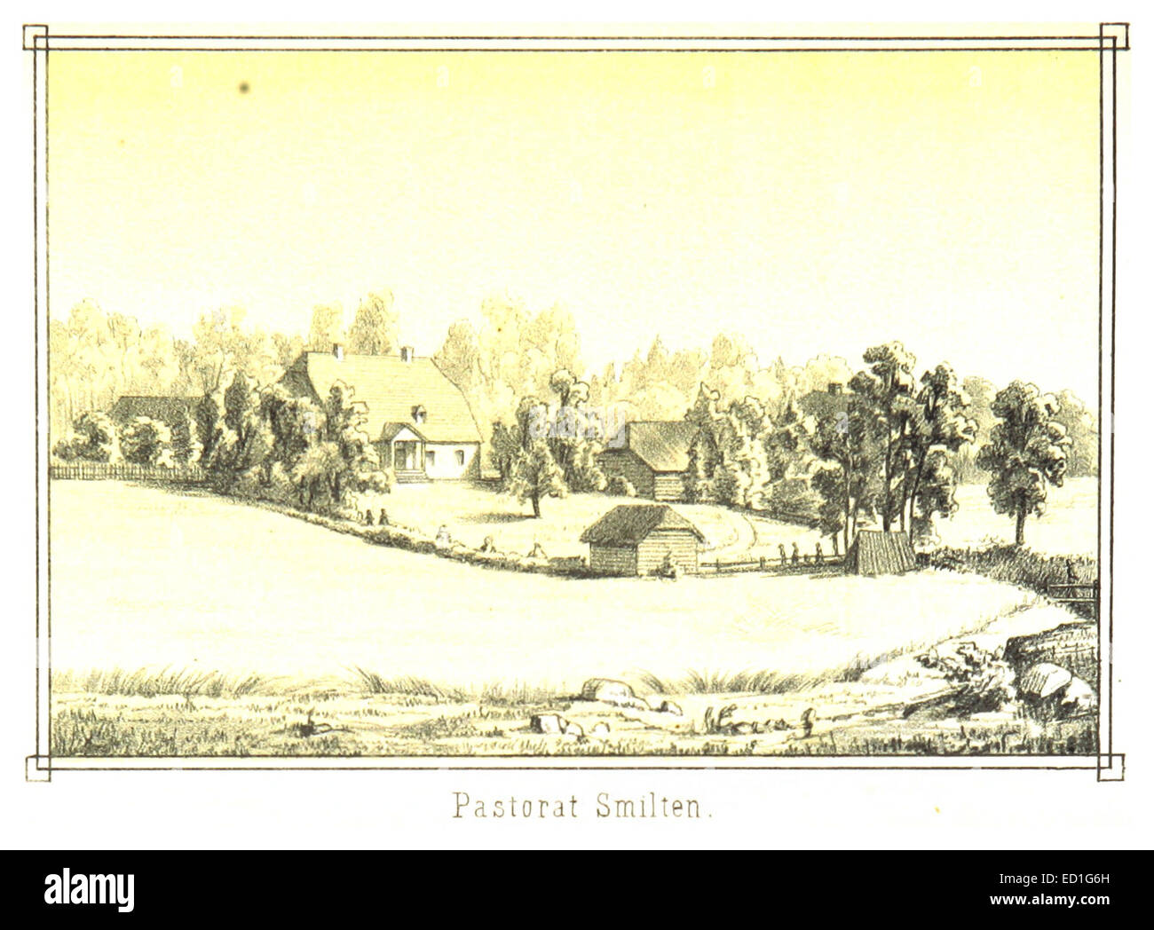 Dieser Entwurf von Smilten aus dem Jahr 1872 zeigt die Residenz eines Pfarrers in ländlicher Umgebung. Das Bild zeigt das einfache, aber funktionelle Design, das für die Klerushäuser des 19. Jahrhunderts typisch ist. Stockfoto