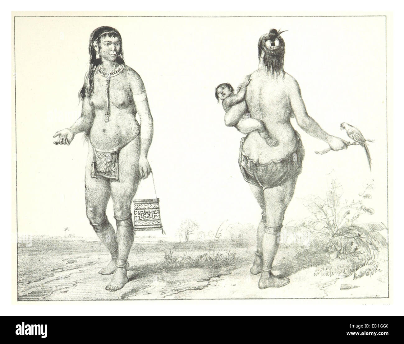 Eine Darstellung von Frauen der amerikanischen Ureinwohner aus dem späten 19. Jahrhundert, die ihre traditionelle Kleidung und Rolle in der Gemeinde während dieser Zeit zeigen. Stockfoto