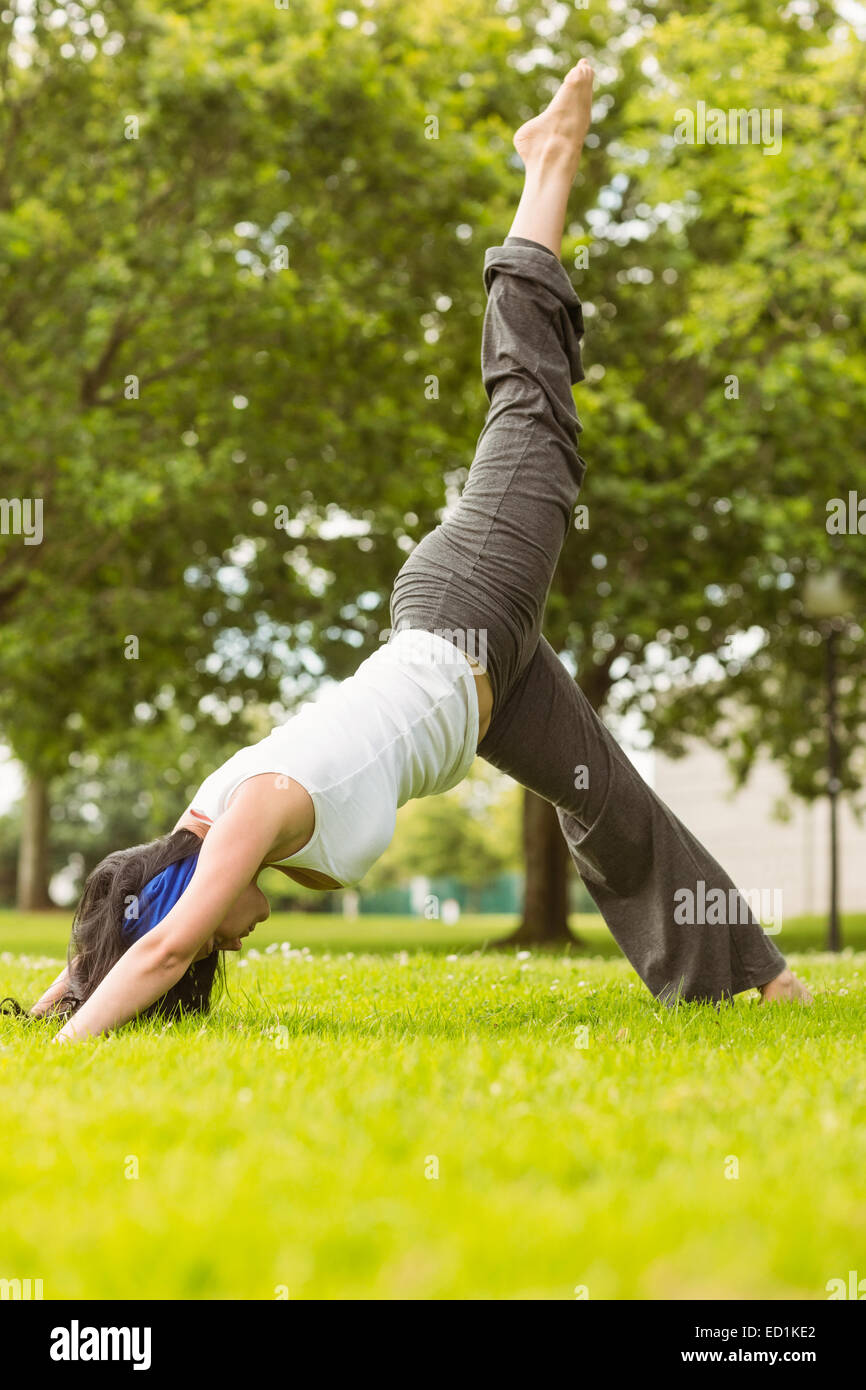 Friedliche braune Haare tun Yoga auf Rasen Stockfoto