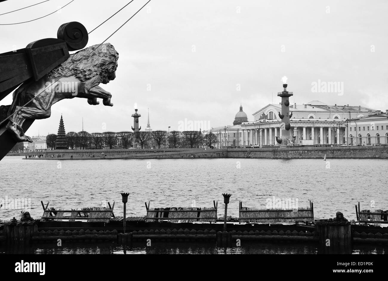 Skulptur eines Löwen und den Fluss Neva, St. Petersburg Stockfoto