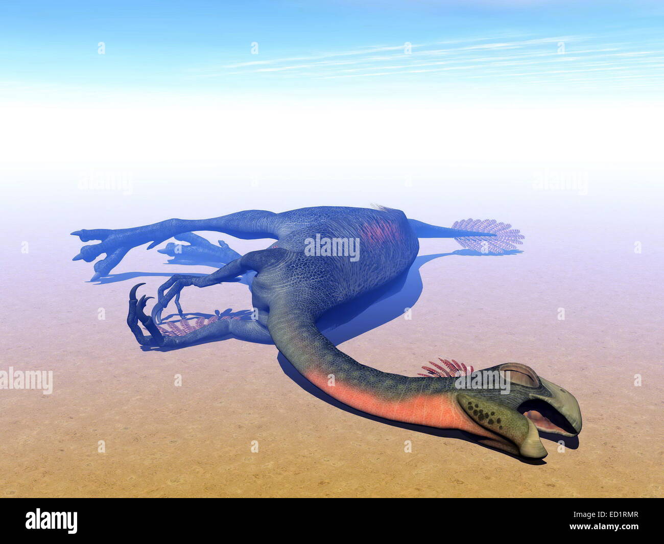 Gigantoraptor Dinosaurier liegen tot in sonnigen und heißen Wüste Stockfoto