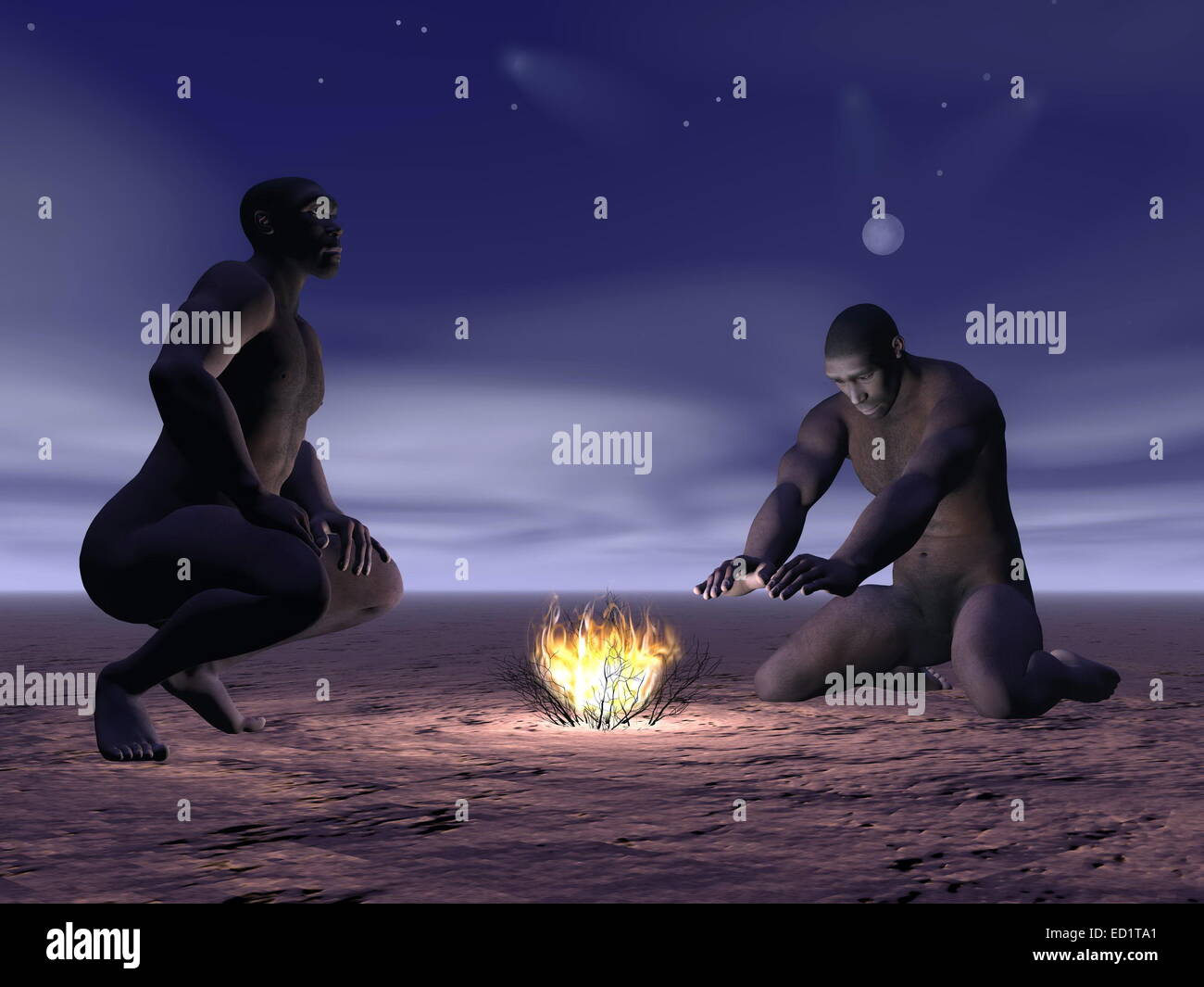 Zwei Männer der Homo Erectus rund um ein kleines Feuer bei Nacht Stockfoto