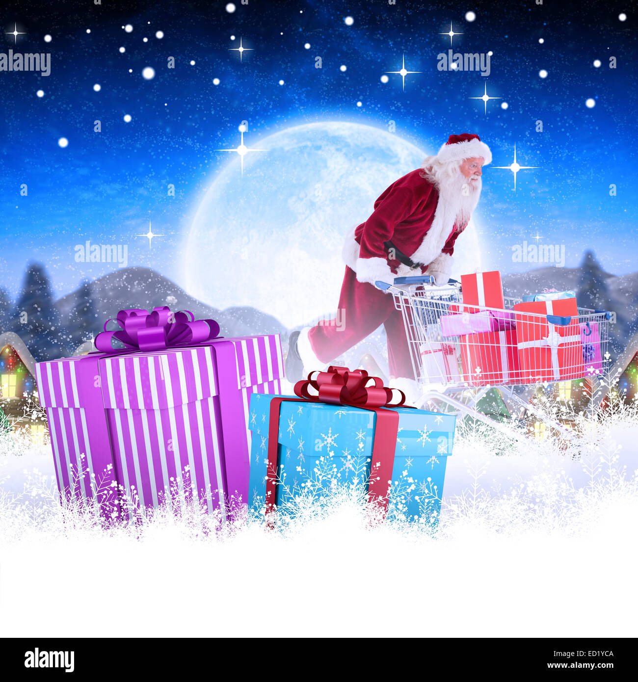 Zusammengesetztes Bild von Santa schiebt einen Einkaufswagen Stockfoto