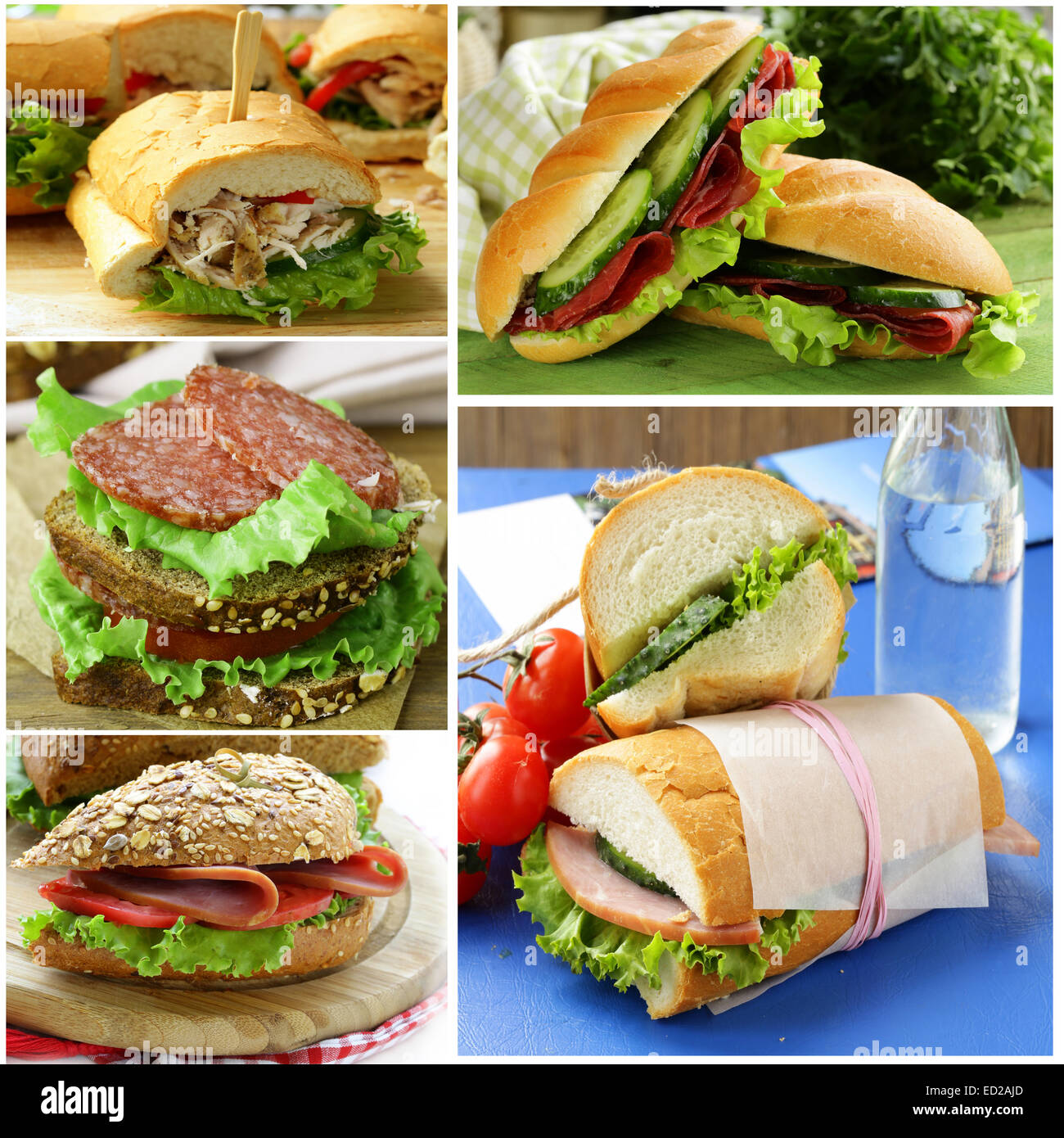 Collage aus verschiedenen Sandwiches (Schinken und Käse, Thunfisch und Gurken) Stockfoto