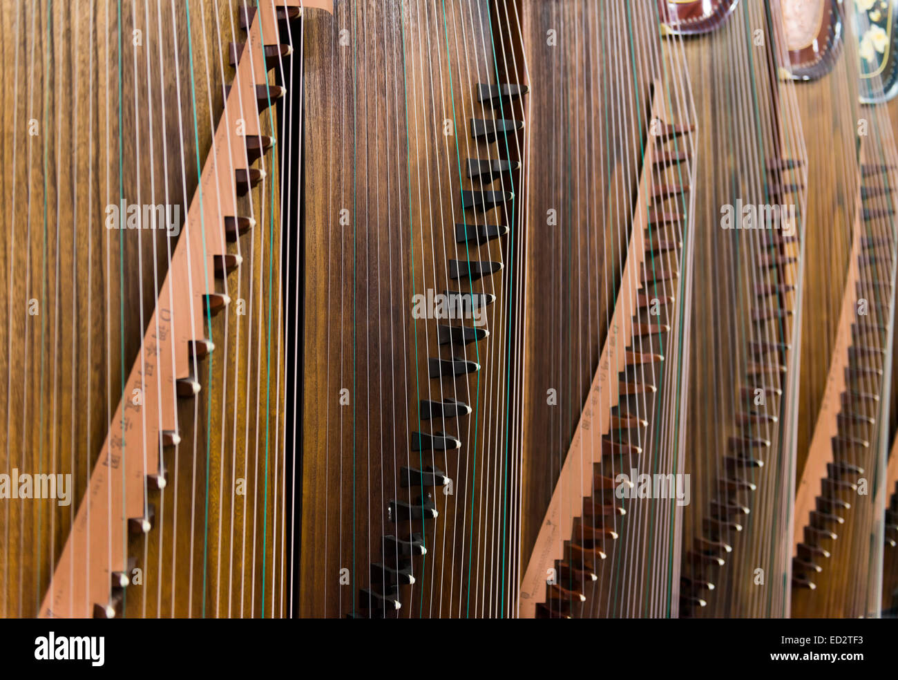 Nahaufnahme der Guzheng, chinesische Zither in einem Musikgeschäft Instrument in Shanghai, China. Stockfoto