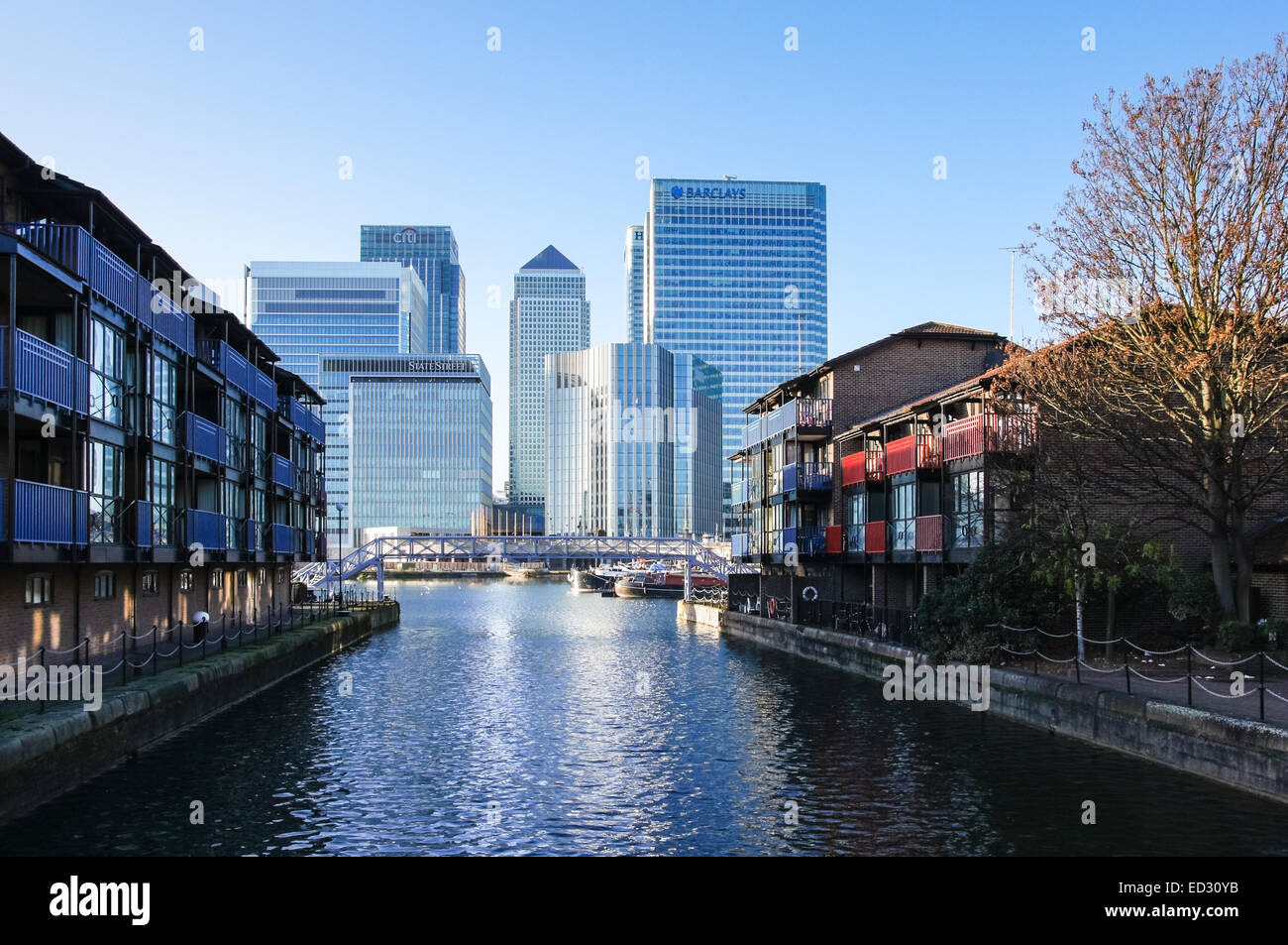 Blackwall Basin mit Wolkenkratzern und Wohngebäude in Canary Wharf, London England Vereinigtes Königreich UK Stockfoto