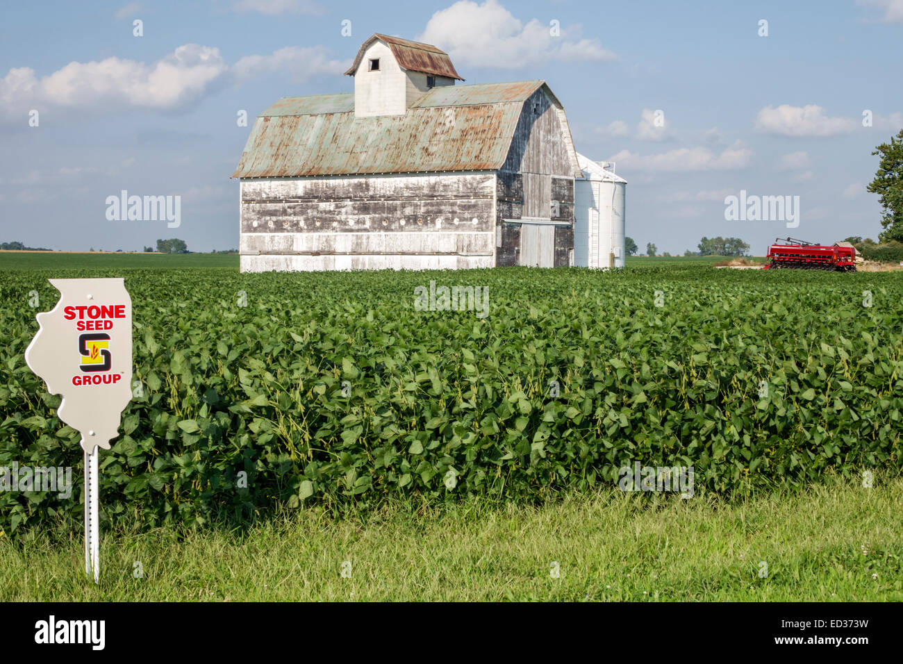 Illinois, Mittlerer Westen, Tuscola, Ernte, Scheune, Land, Landwirtschaft, Landwirtschaft, Landwirtschaft, Bauernhof, Mähdrescher, Sojabohnen, Samenmarkierung, Schild, Logo, Besucher reisen traveli Stockfoto