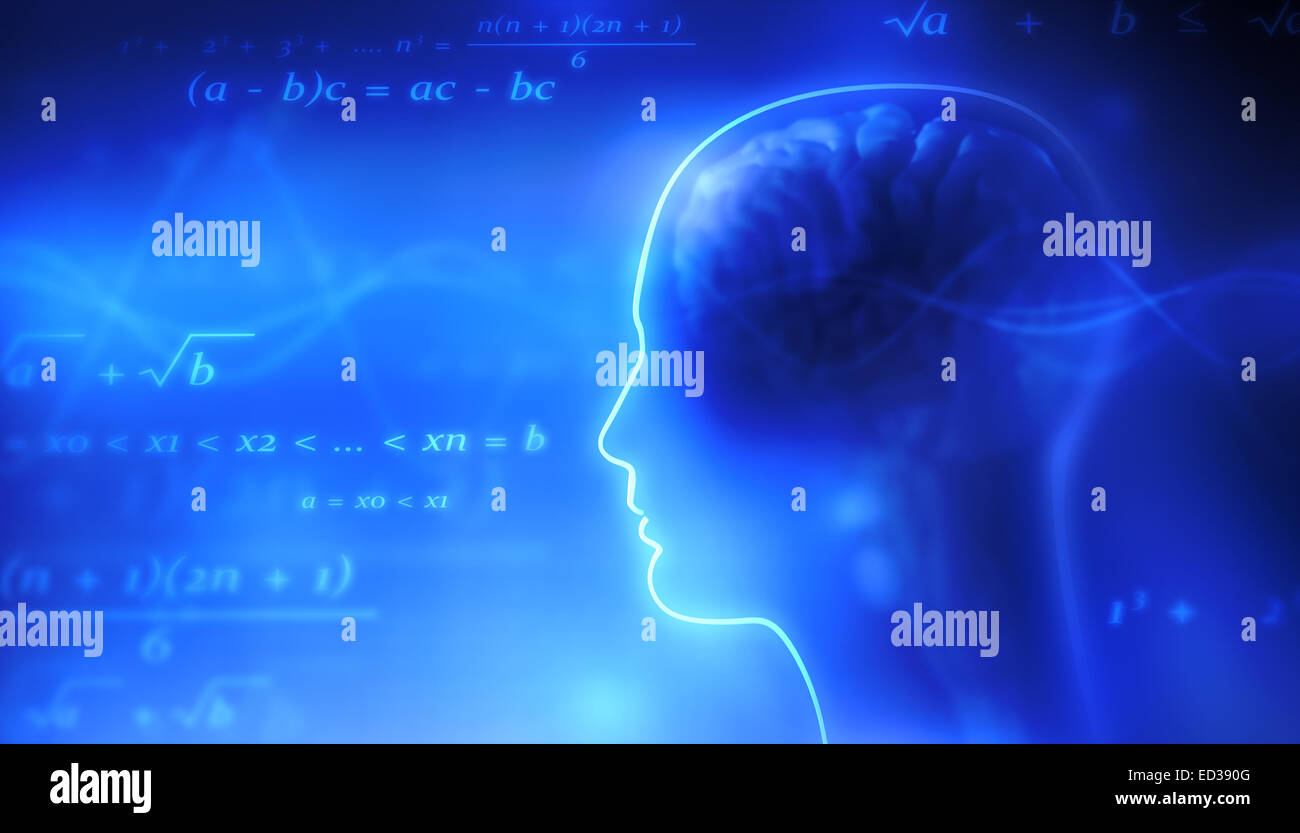 Menschliche Gehirn und mathematische Symbole. Stockfoto