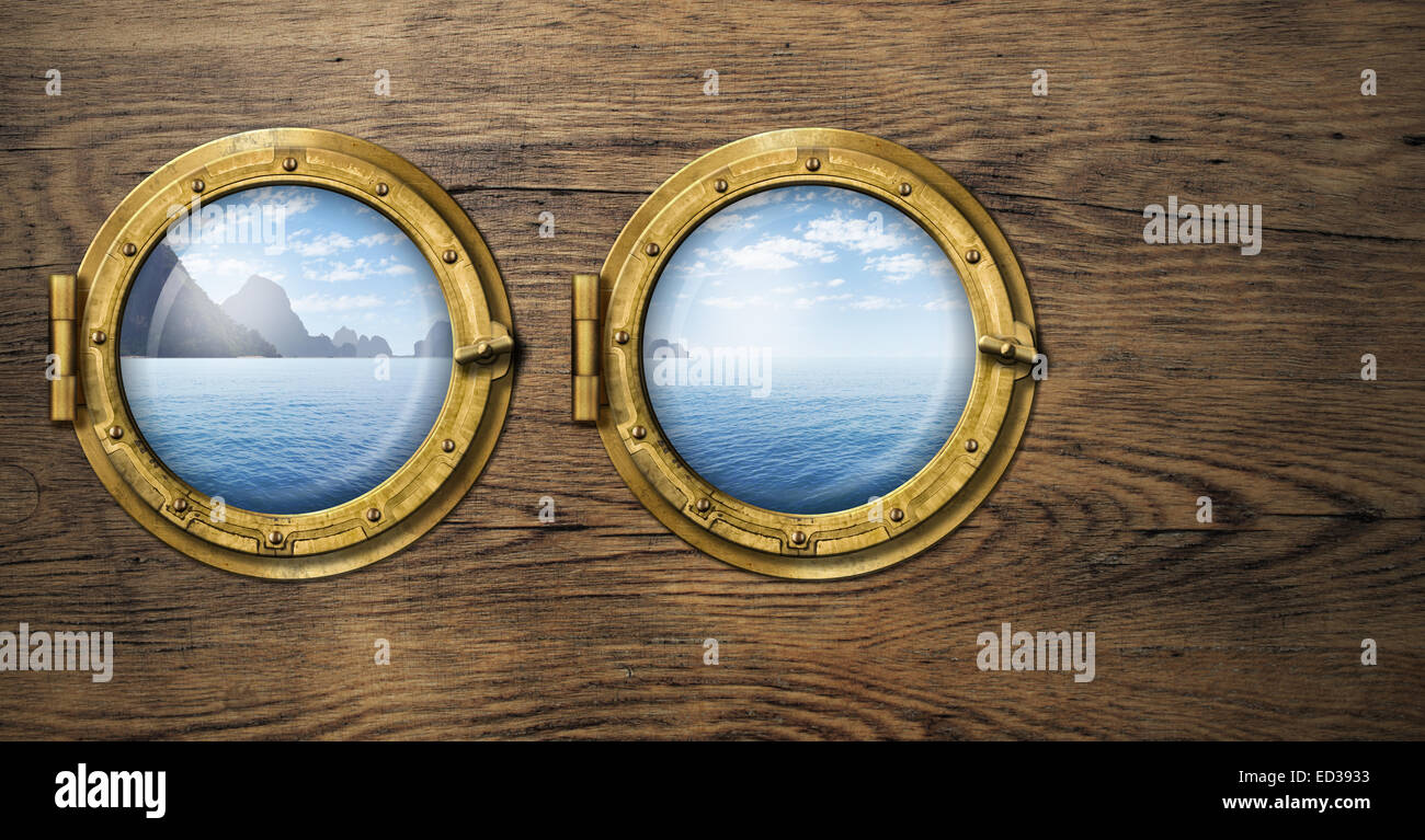Zwei Schiff windows mit tropischen Meer oder Ozean Insel. Reisen und Abenteuer. Stockfoto