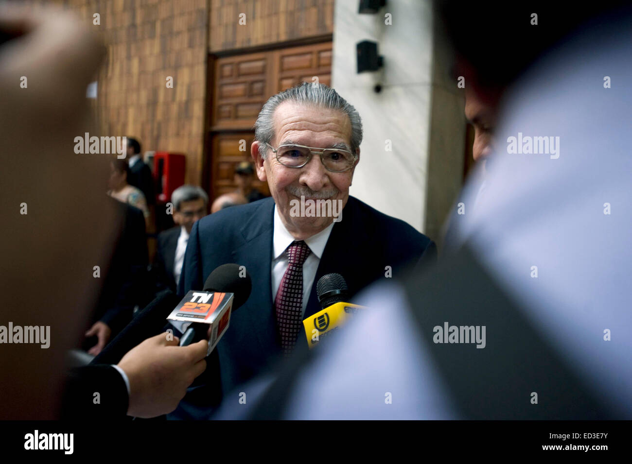 Der ehemalige guatemaltekische Diktator Efrain Rios Montt während des Prozesses vor dem Obersten Gerichtshof in Guatemala-Stadt am 19. März 2013. Stockfoto