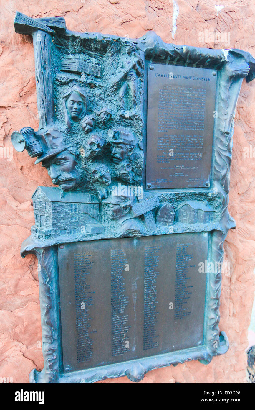 Castle Gate Mine Disaster, Utah, Denkmal mit den Namen der Personen getötet bei uns 6 und 35 nördlich von Helfer, Utah im März 1924 Stockfoto
