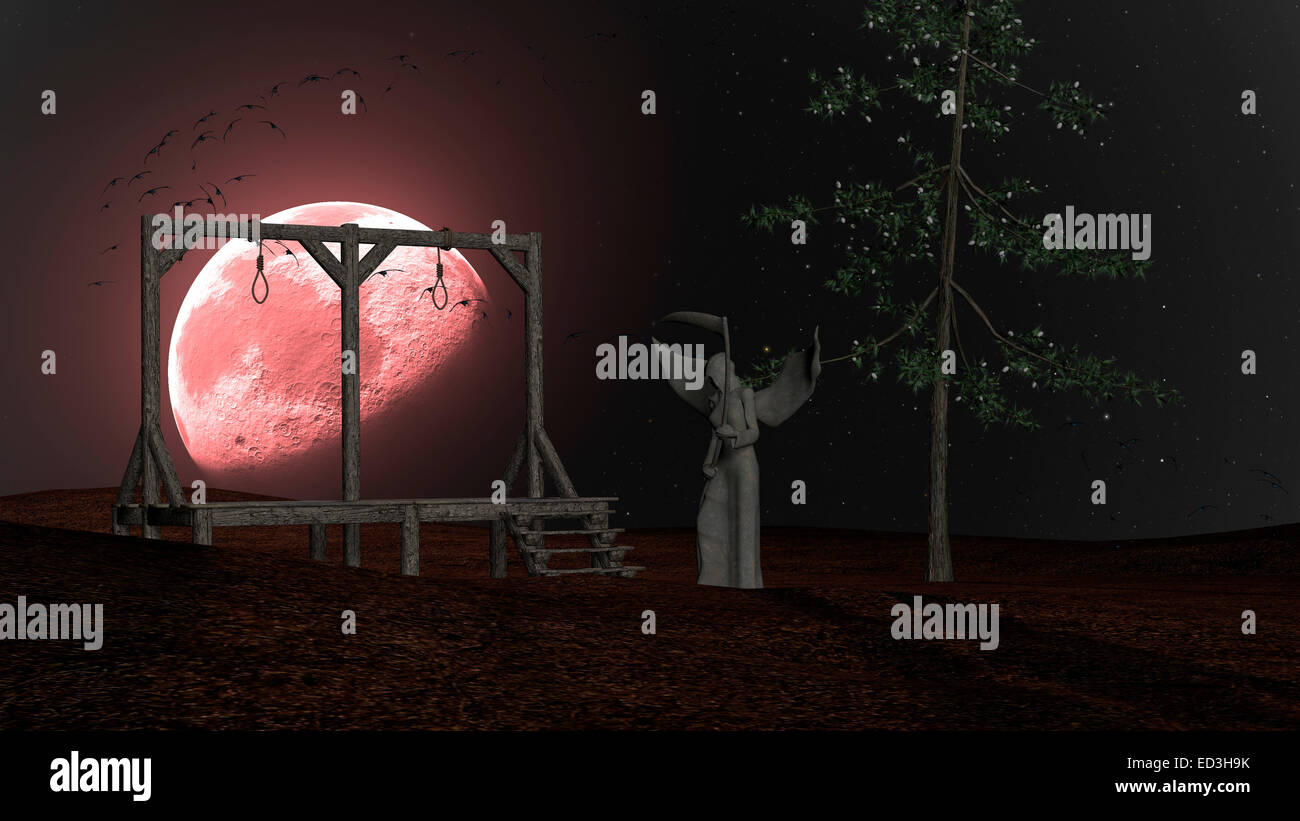 Engel des Todes - gruselige Hintergrund mit Galgen und Krähen in der Nacht mit roter Mond Stockfoto