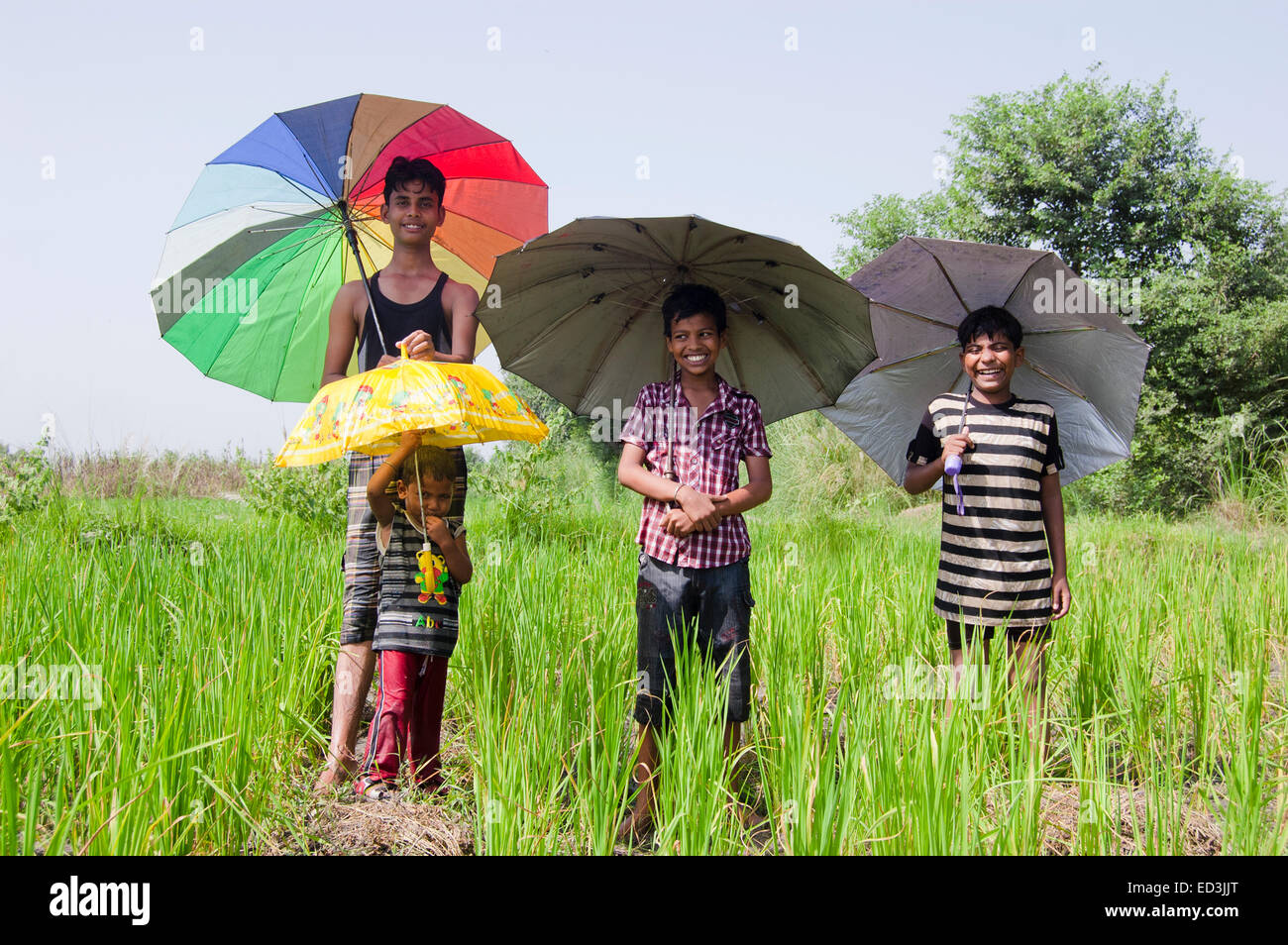 indische ländlichen Kinder Jungs halten Dach Regensaison genießen Stockfoto