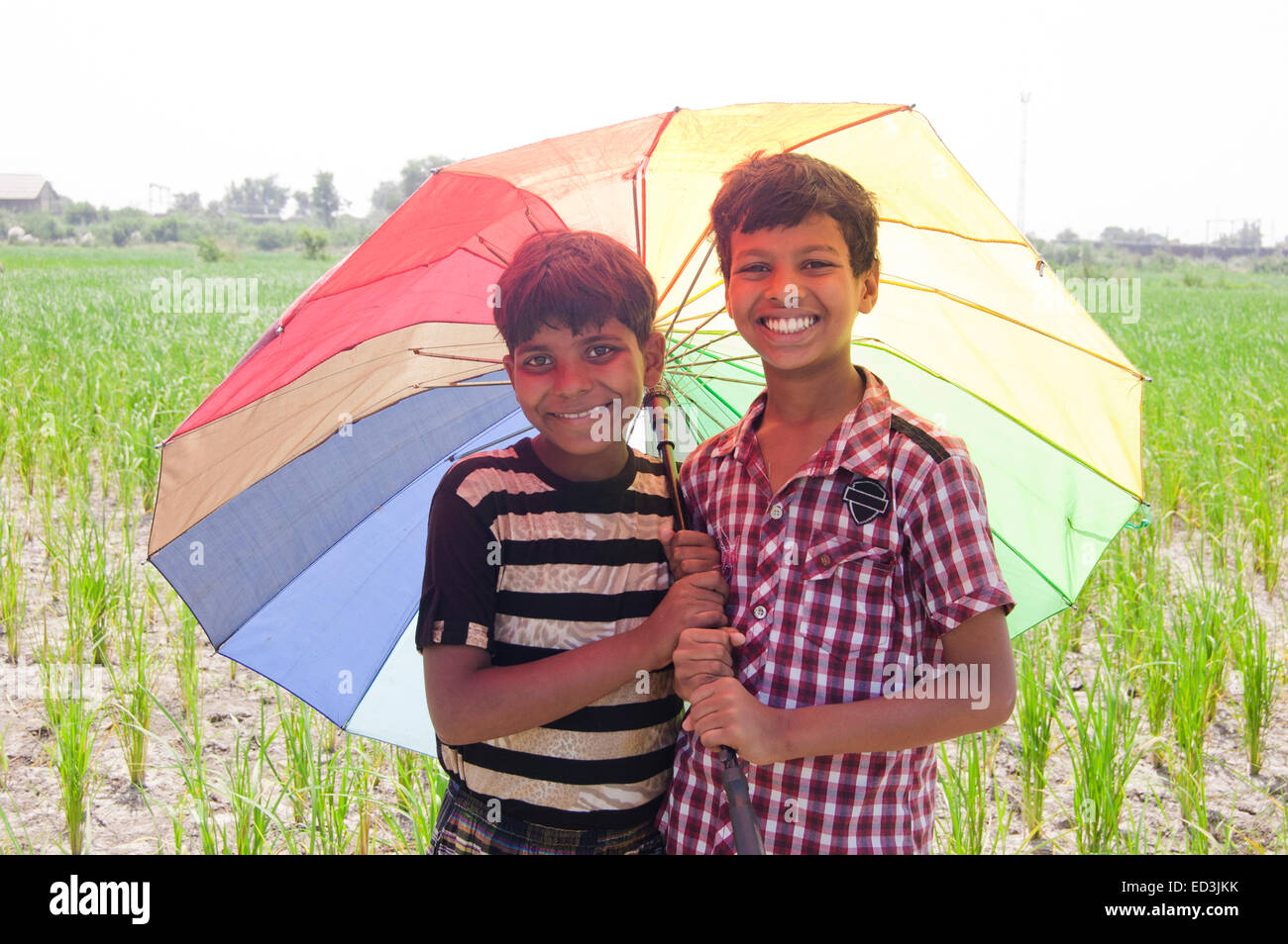 2 indische ländlichen Kinder Jungen hält Regenschirm Regensaison genießen Stockfoto