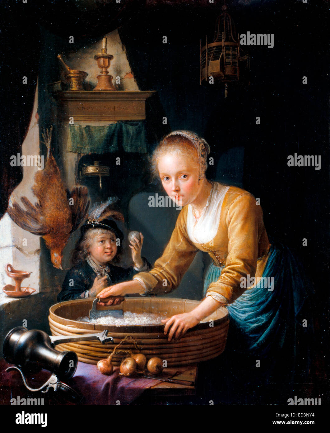 Gerrit Dou, Mädchen hacken Zwiebeln 1646 Öl auf Holz. Royal Collection des Vereinigten Königreichs. Stockfoto