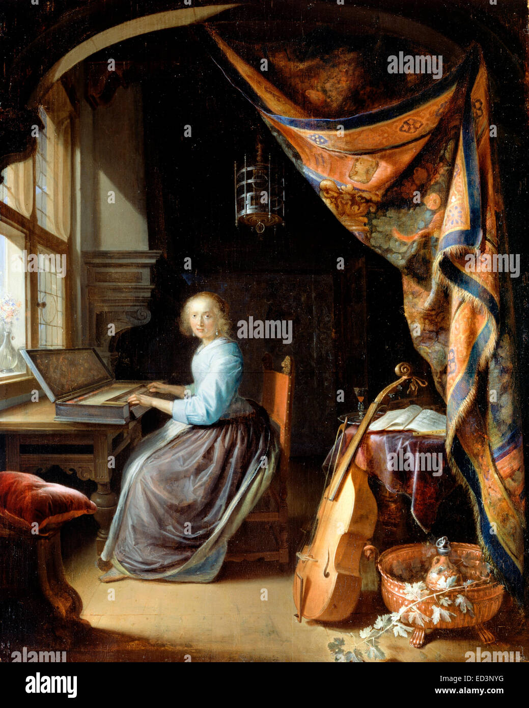 Gerrit Dou, eine Frau ein Clavichord spielen. Ca. 1665. Öl auf Holz. Dulwich Picture Gallery, London, UK. Stockfoto