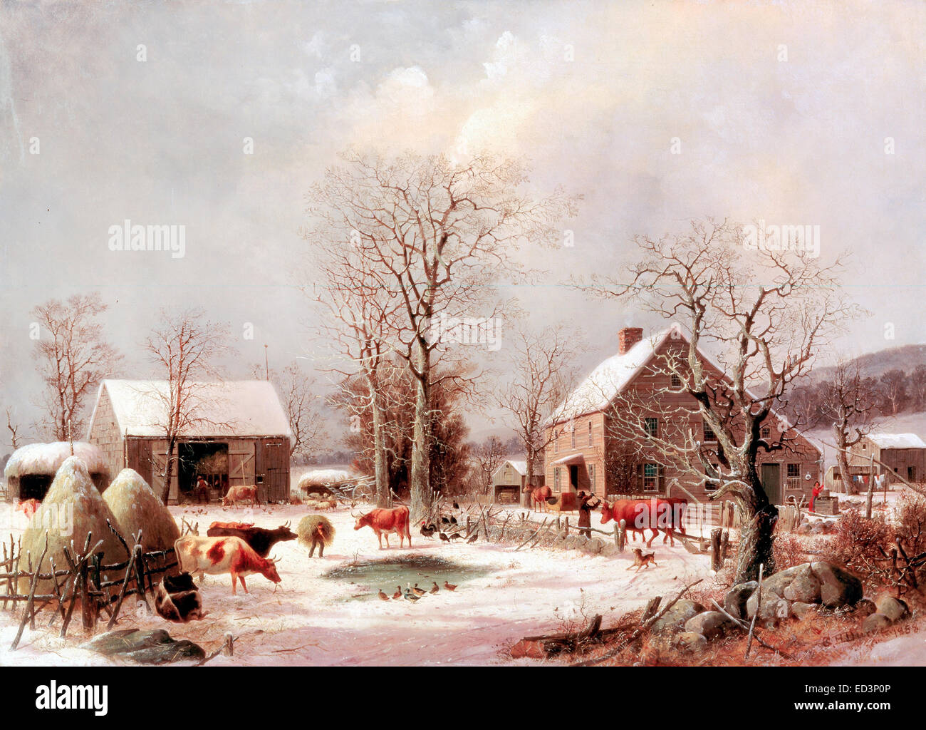 George Henry Durrie, Hof im Winter 1858 Öl auf Leinwand. Das weiße Haus, USA. Stockfoto
