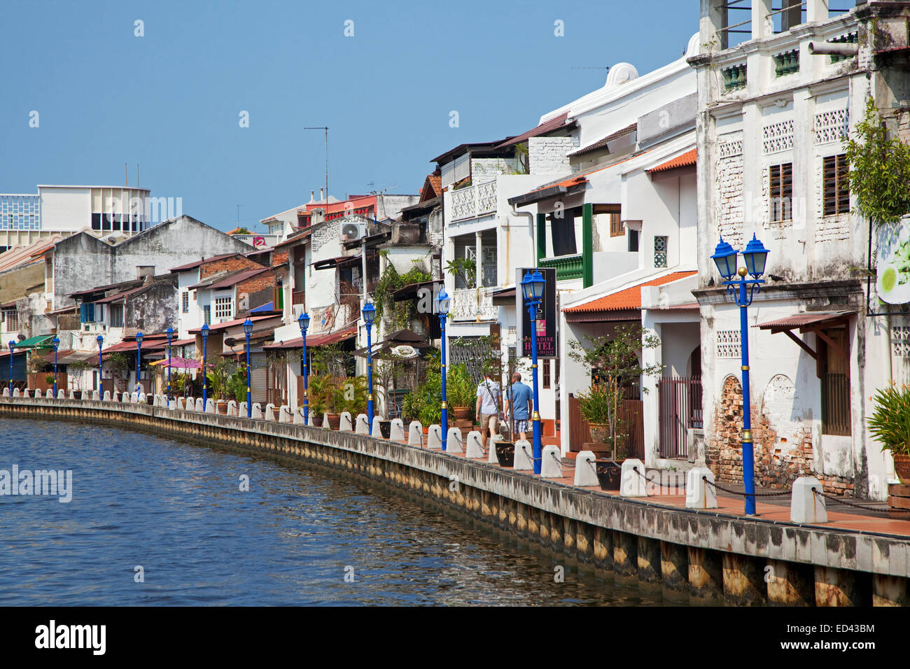 Kolonialen Häuser entlang des Flusses Melaka in Malacca Stadt / Bandaraya Melaka, Malaysia Stockfoto