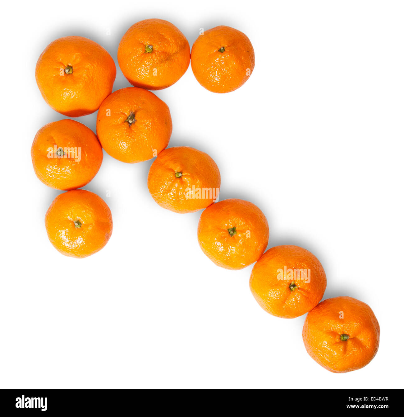 Reife saftige Orange Tangerine gefüttert wie ein Pfeil nach links, Isolated On White Background Stockfoto