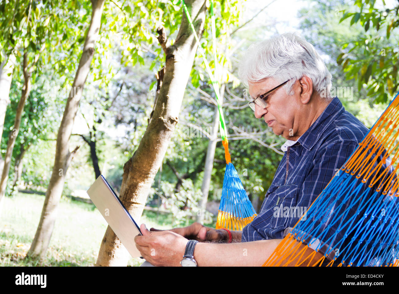 indische Greis Park Hängematte Laptop arbeiten Stockfoto