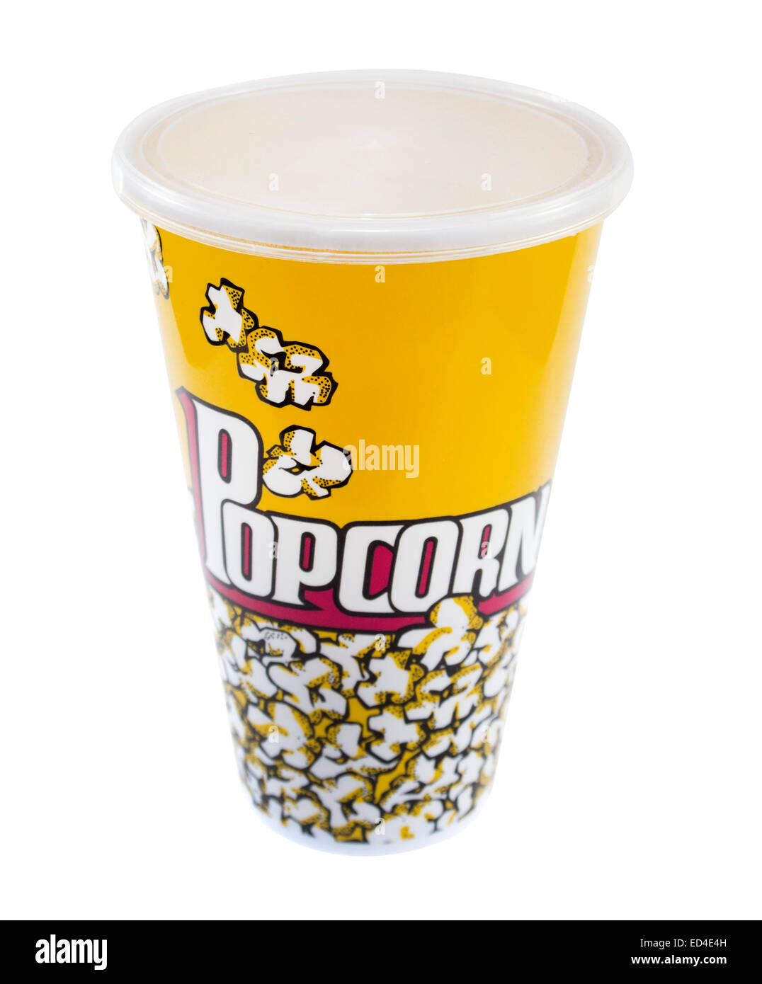 Popcorn-Eimer-rot und gelb auf weißem Hintergrund Stockfoto