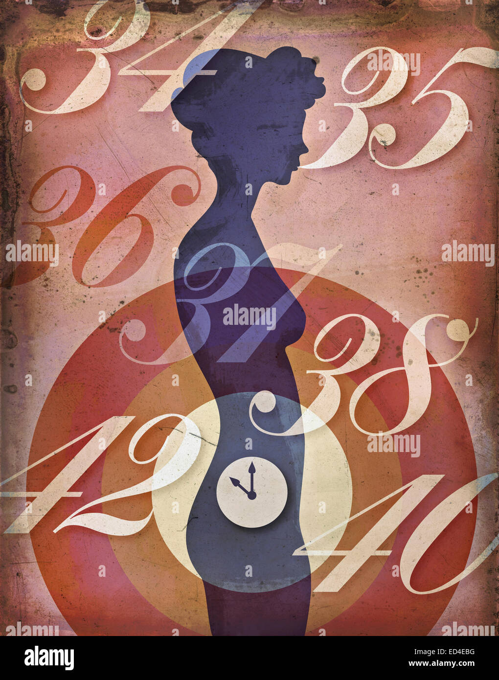 Frau die biologische Uhr Konzept. Retro-Plakat Stil Darstellung der weiblichen Silhouette mit Uhr tickt im Unterleib. Stockfoto